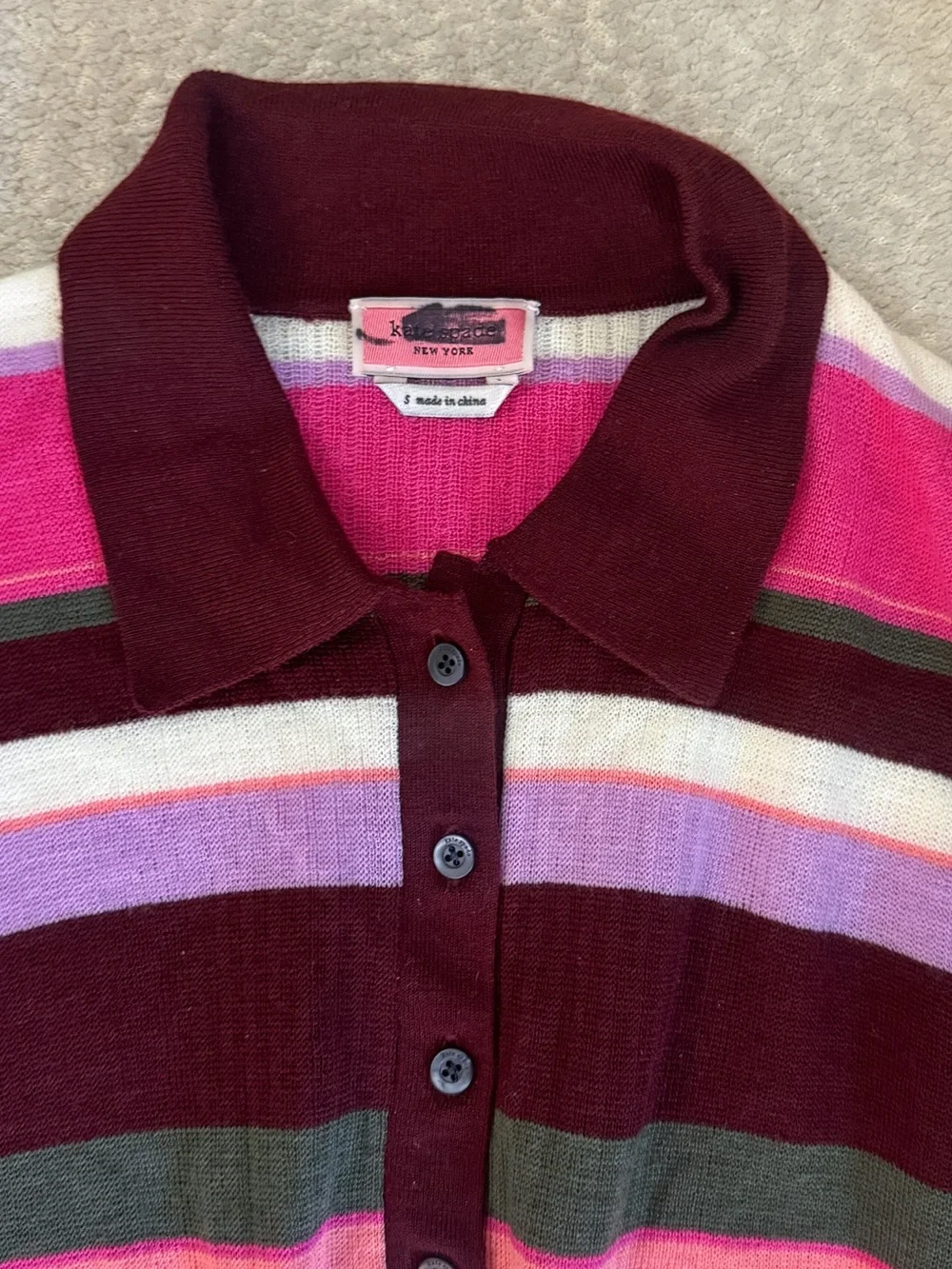 Kate Spade Fine Striped Polo Wool Sweater in Pink, Burgundy & White NWOT Small